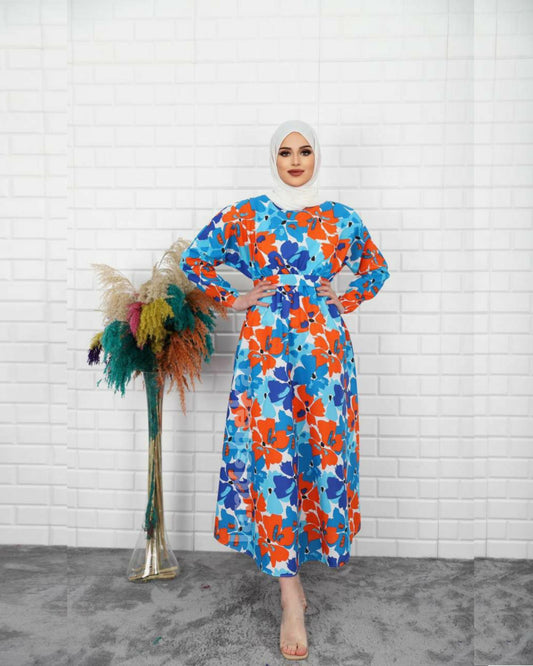 Multi colour long hijab dress blue orange